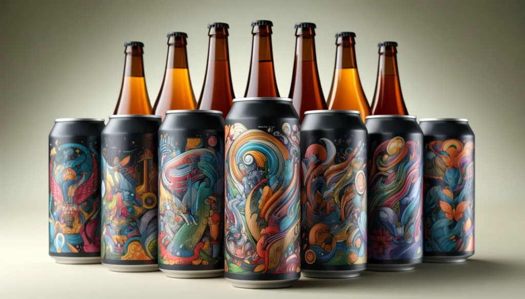 Plusieurs canettes de bière de 44Cl et plusieurs bouteilles de bière avec des étiquettes colorées et artistiques, disposées sur une surface claire.