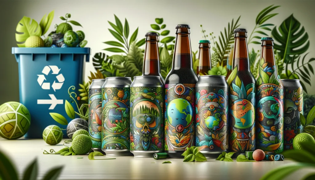 Quelques canettes de bière de 44Cl et quelques bouteilles de bière avec des étiquettes colorées et artistiques, entourées d'éléments environnementaux tels que des feuilles vertes et des symboles de recyclage.