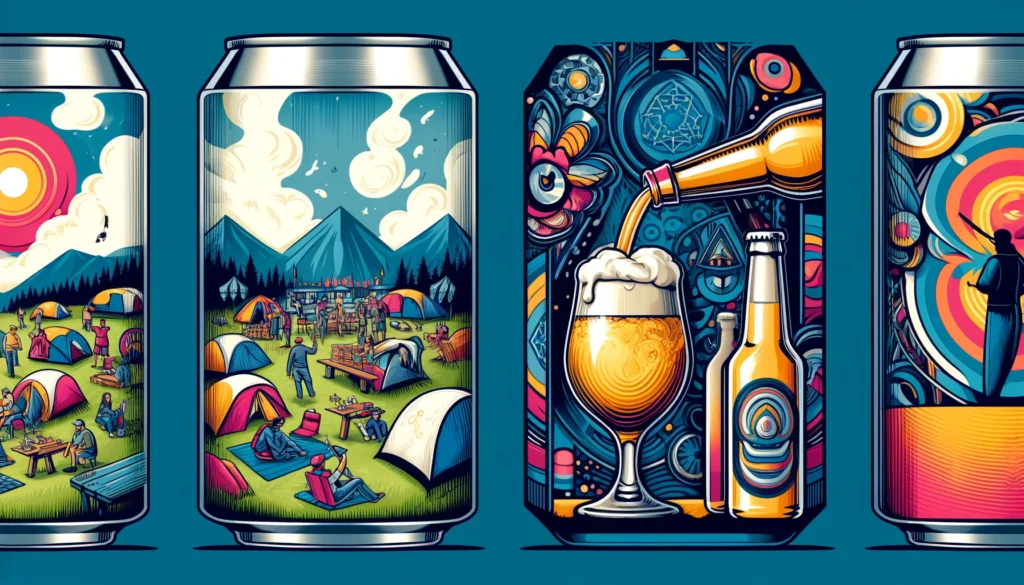 Illustration montrant les avantages des canettes de bière en aluminium et des bouteilles en verre, avec des éléments de camping, de festival et de dégustation.